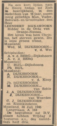 Overlijdensadvertentie Leendert Dijkshoorn 1945
